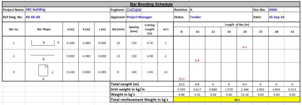 Bar Bending Schedule In Excel Format